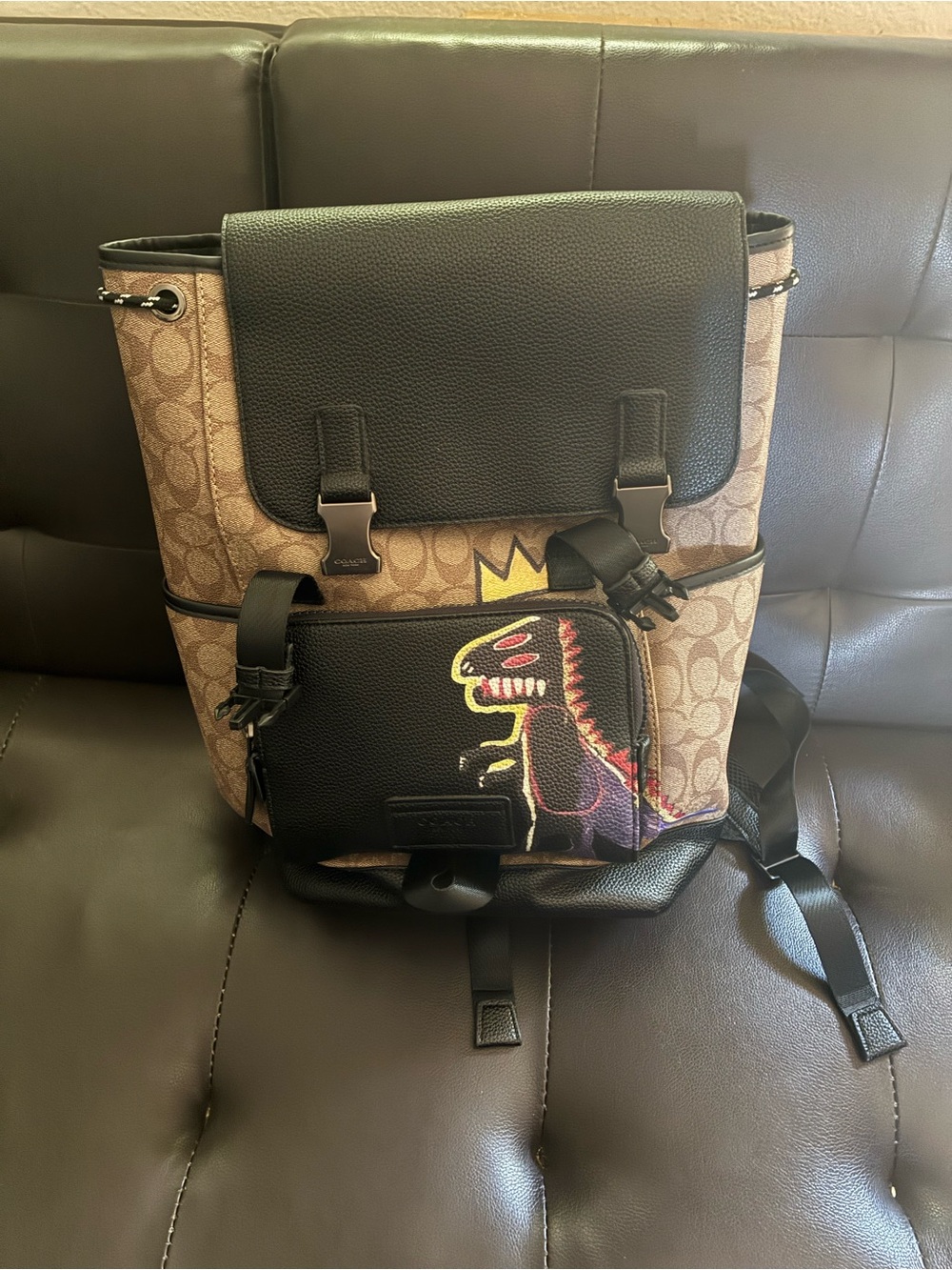 Coach Men's Signature Canvas Backpack with Black Leather Trim
